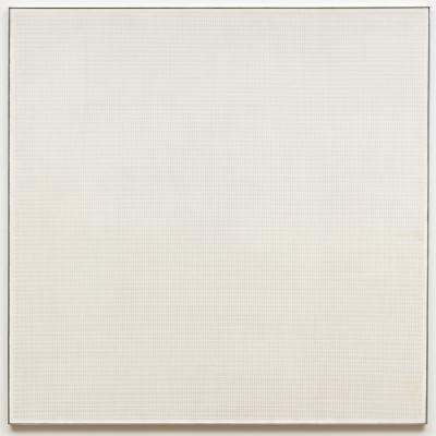 Cream coloured oil painting with red and black pencil grid