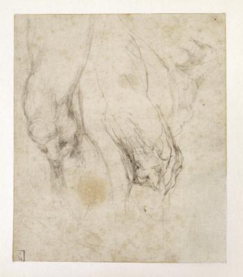 line drawing of a left thigh and knee, a right knee and a right foot