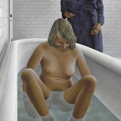 Oil painting of a woman seated in bath, obscured male figure behind