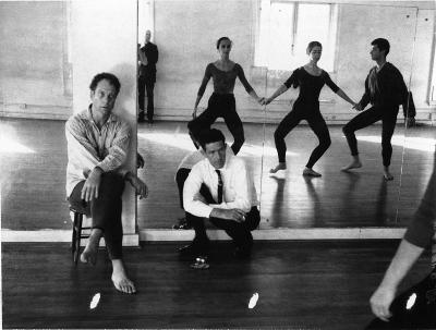 A black-and-white Polaroid of a Merce Cunningham Dance Company rehersal