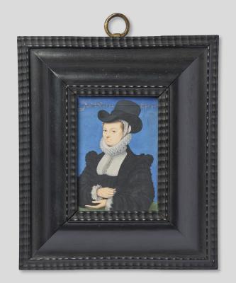 Miniature portrait of a woman dressed in a black top hat, white blouse and black jacket with arms resting on a desk crossed