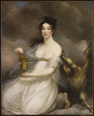 Oil portrait of woman in white holding cup, accompanied by eagle