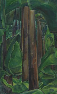 An image of Emily Carr's painting Inside a Forest II, which depicts trees in a dense, green forest.