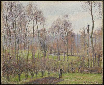 An image of Camille Pissarro's painting, Peupliers, temps gris, Éragny, which shows a farm worker in a green field surrounded by bare poplar trees.