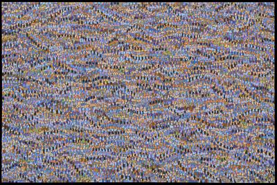 An image of Bewabon Shilling's painting Field Series -- Purples. It is composed of multiple brush strokes of purple, blue, and ochre colours that fill the whole canvas