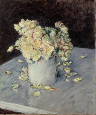 Gustave Caillebotte's painting Yellow Roses in a Vase, which depicts yellow roses in a white vase on a white table, with fallen petals from the flowers surrounding the vase.