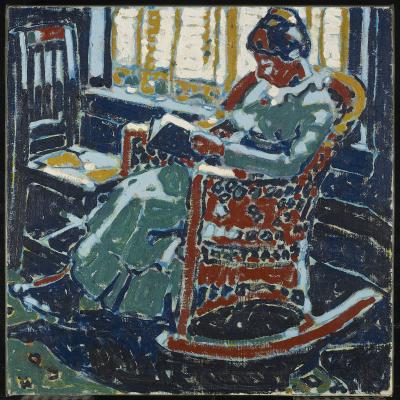 An image of David Milne's painting The Blue Rocker, which depicts a woman reading in a chair in blue, green, and red.