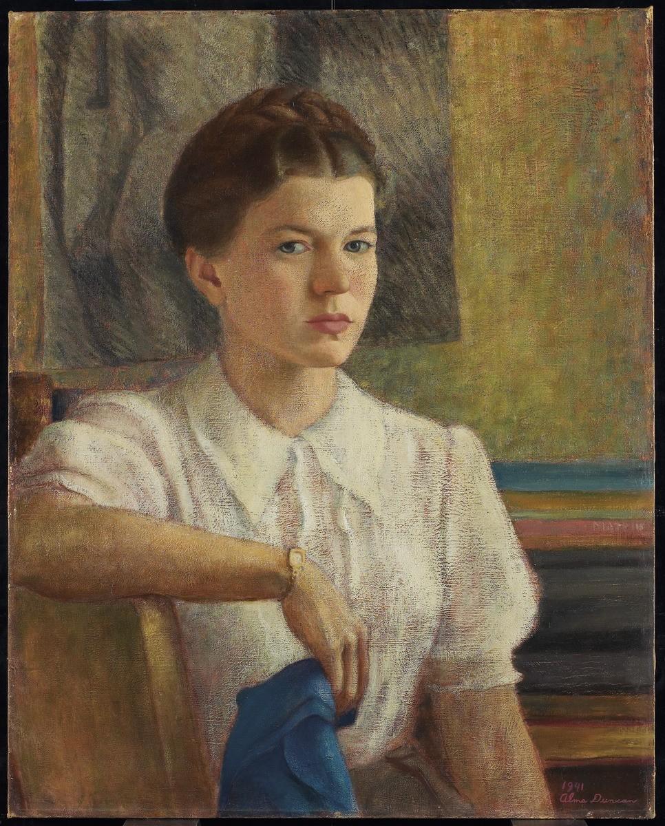 painting of woman holding a blue handkerchief