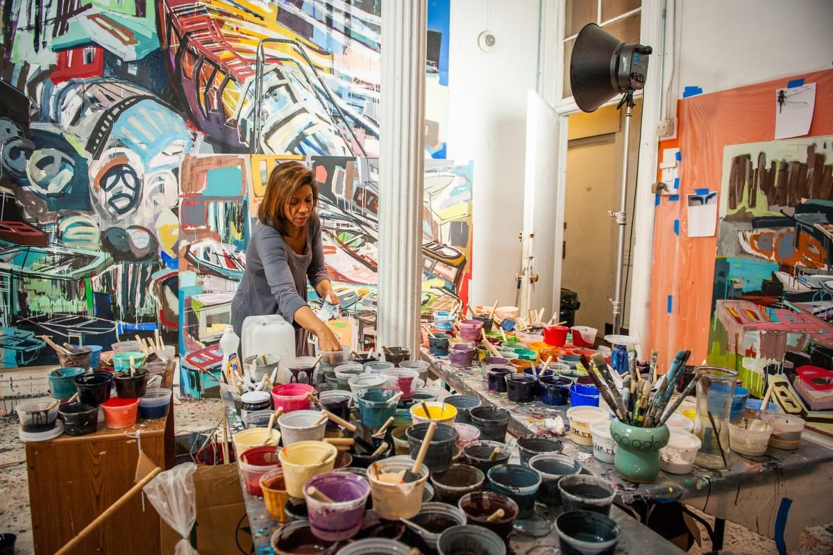 Denyse in her studio with Arc in the background, February 8, 2010.