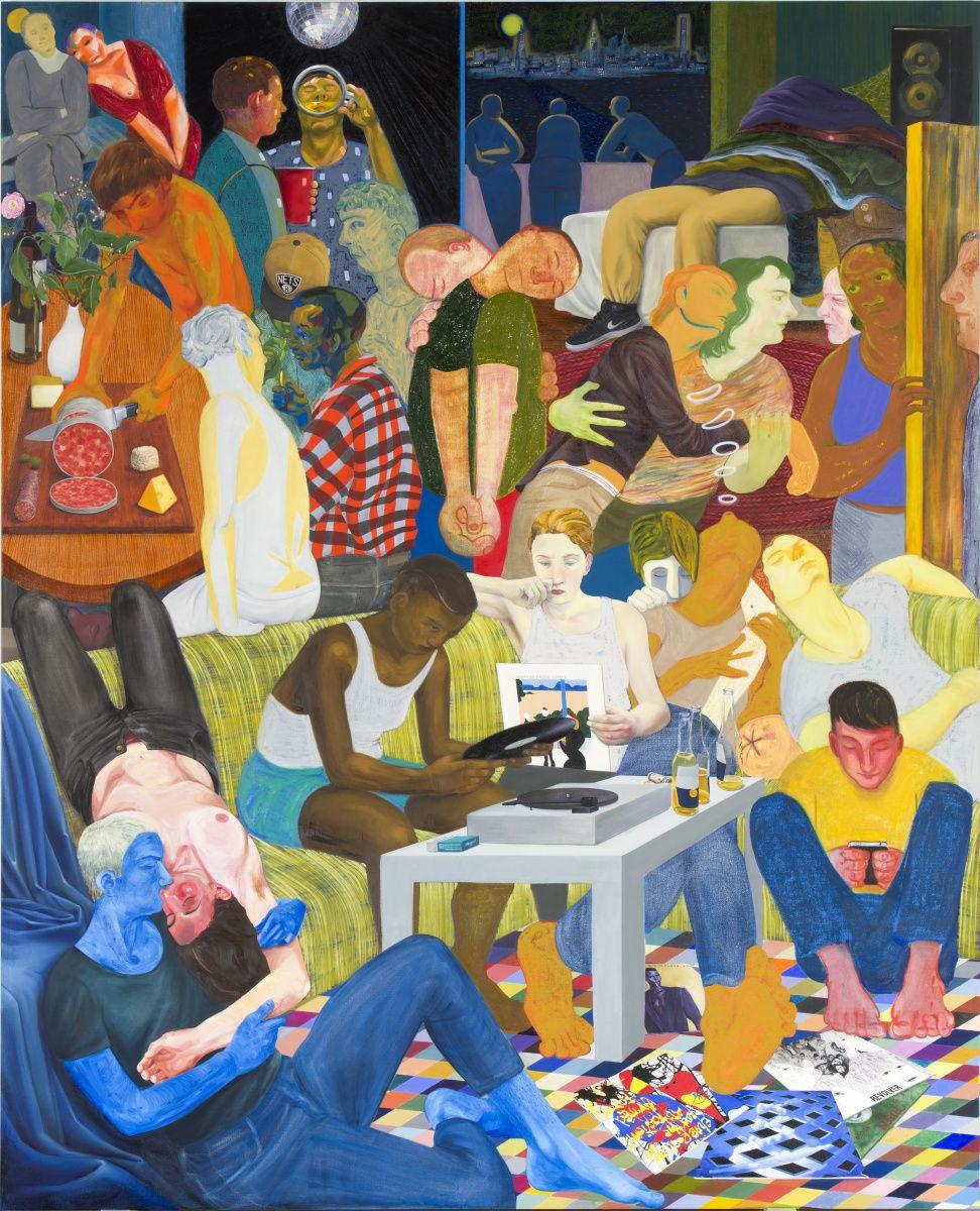 Painting showing a lot of people busy on their phones in one room
