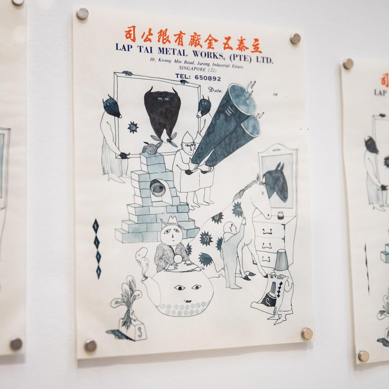 Installation View of Toko Hosoya’s Works on Paper in Reimagining: Narratives of tension and wonder at TIFF 2023 - POP Japan.