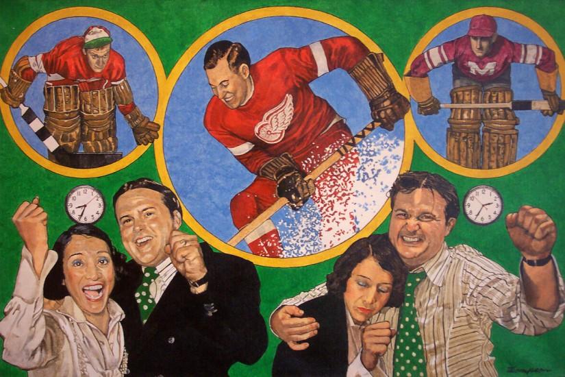 A painting of reactions to Mud Bruneteau winning a game for the Red Wings hockey team