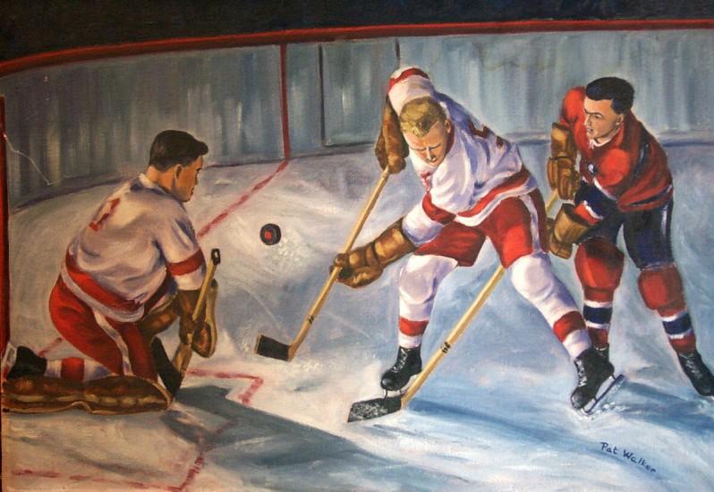 a painting of three hockey players