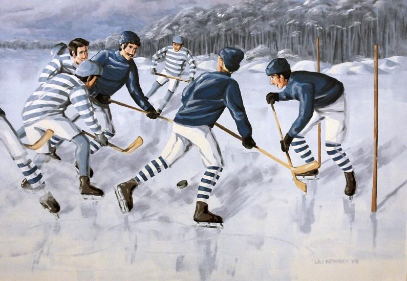 A painting of six men playing hockey on a lake