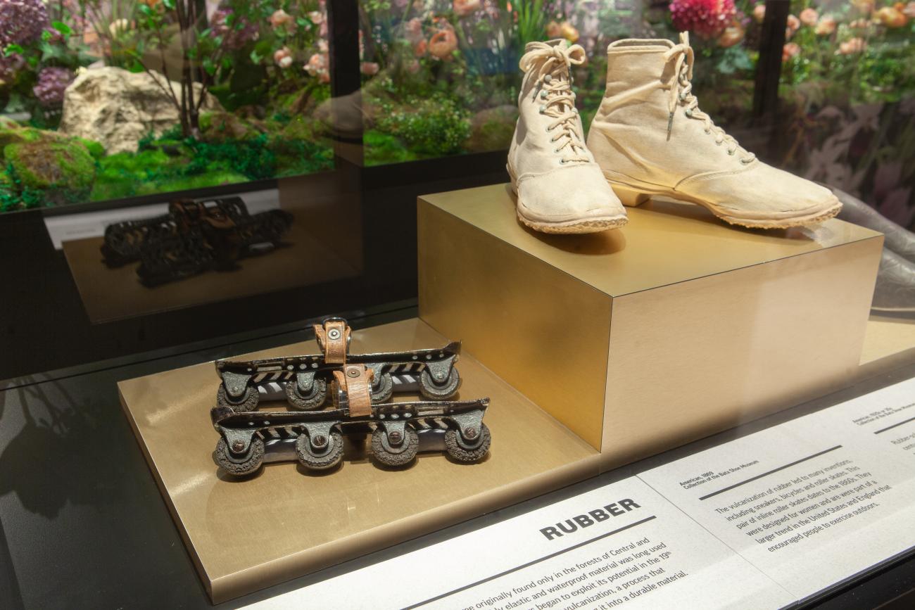 An image of shoes on display in the Bata Shoe Museum's exhibition In Bloom