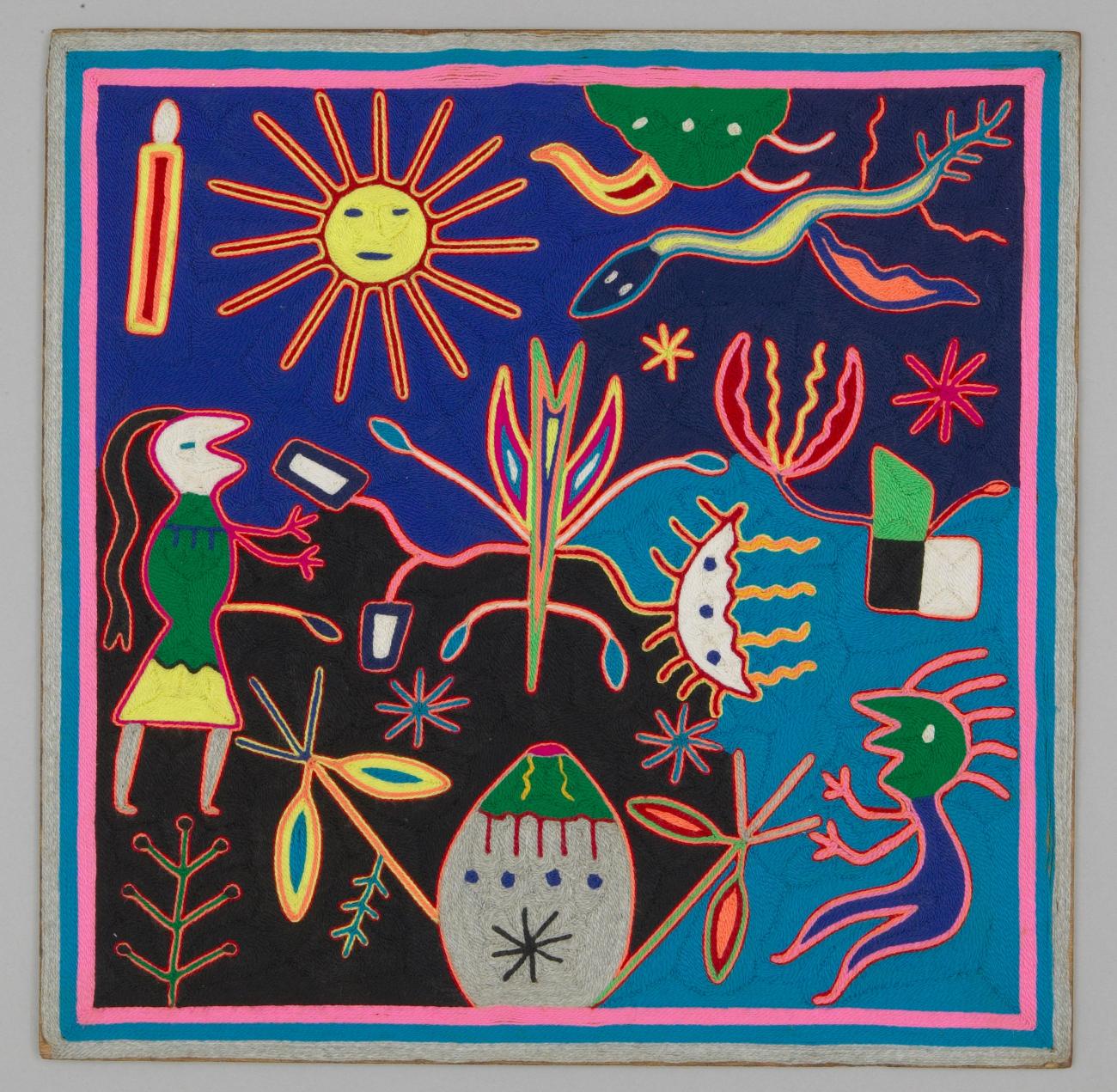 An image of a Huichol yarn painting by artist Francisco Carillo Zamora