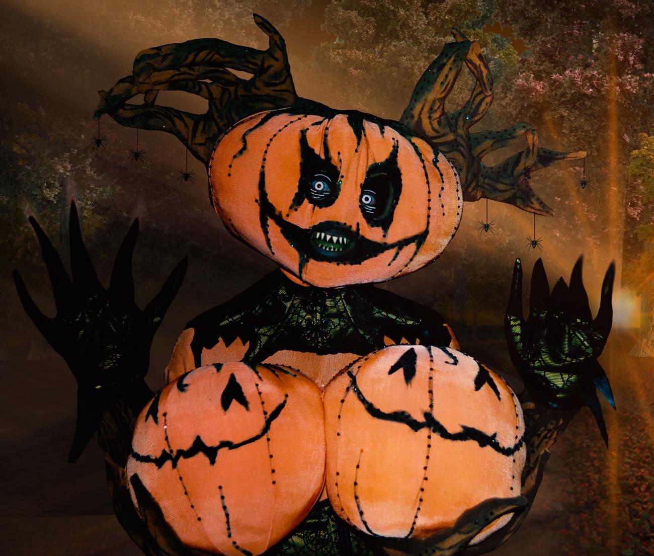 Canadian drag queen Yovska dressed as a jack 'o lantern.