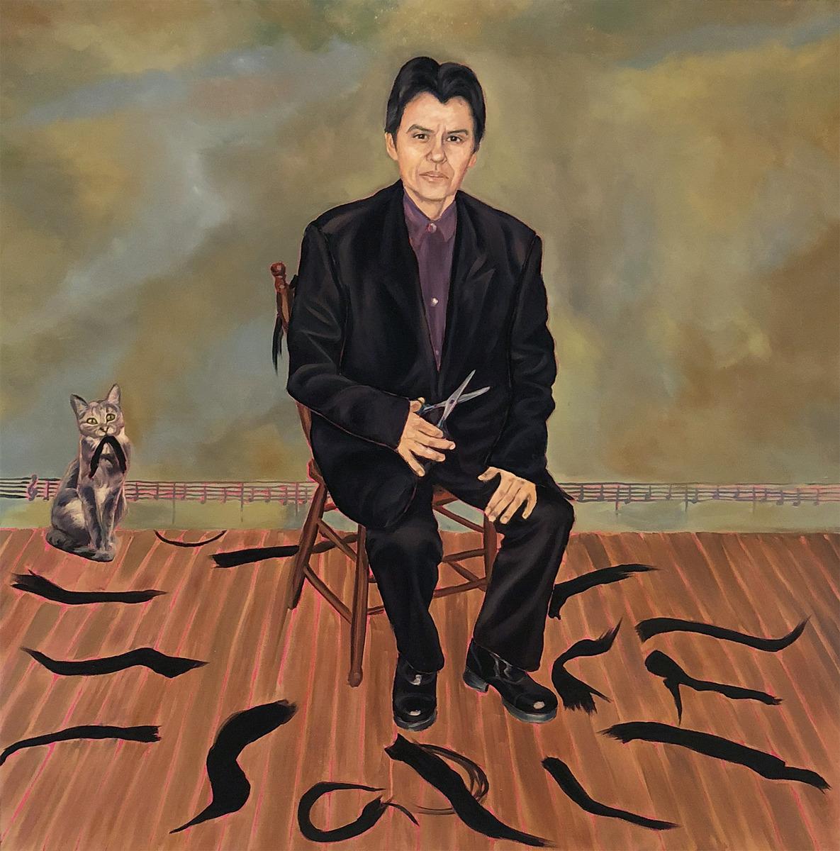 an Image of Favell's painting If only you could love me the way I am, which plays off Frida Kahlo's Self-Portrait with Cropped Hair. The painting features Favell in a chair in a suit with scissors in hand, her cut hair surrounding her on the floor and her cat in the background holding a bunch of her hair in it's mouth