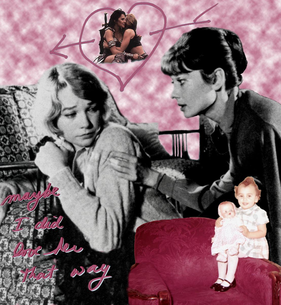 An image of Rosalie Favell's Maybe I did love her, which features a childhood photo of Favell beside actress Audrey Hepburn and Shirly MacLaine from a scene of the film The Children's Hour. On top of Hepburn and Maclaine is Xena and companion Gabrielle in a drawn heart.