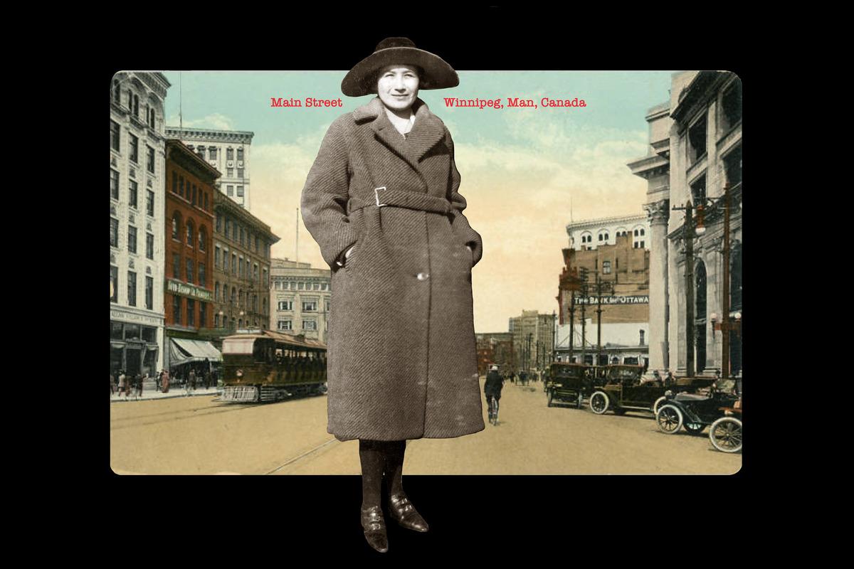 An image of Rosalie Favell's relative photoshopped onto a vintage image of Main Street in Winnipeg, Canada