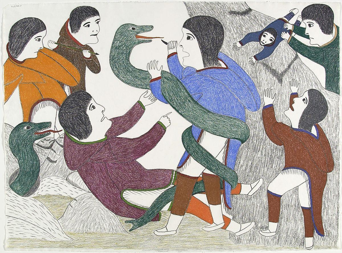 An image of artists Victoria Mamnguqsualu's Killing Snake, which features multiple people trying to free the center person from the snake coiled around them