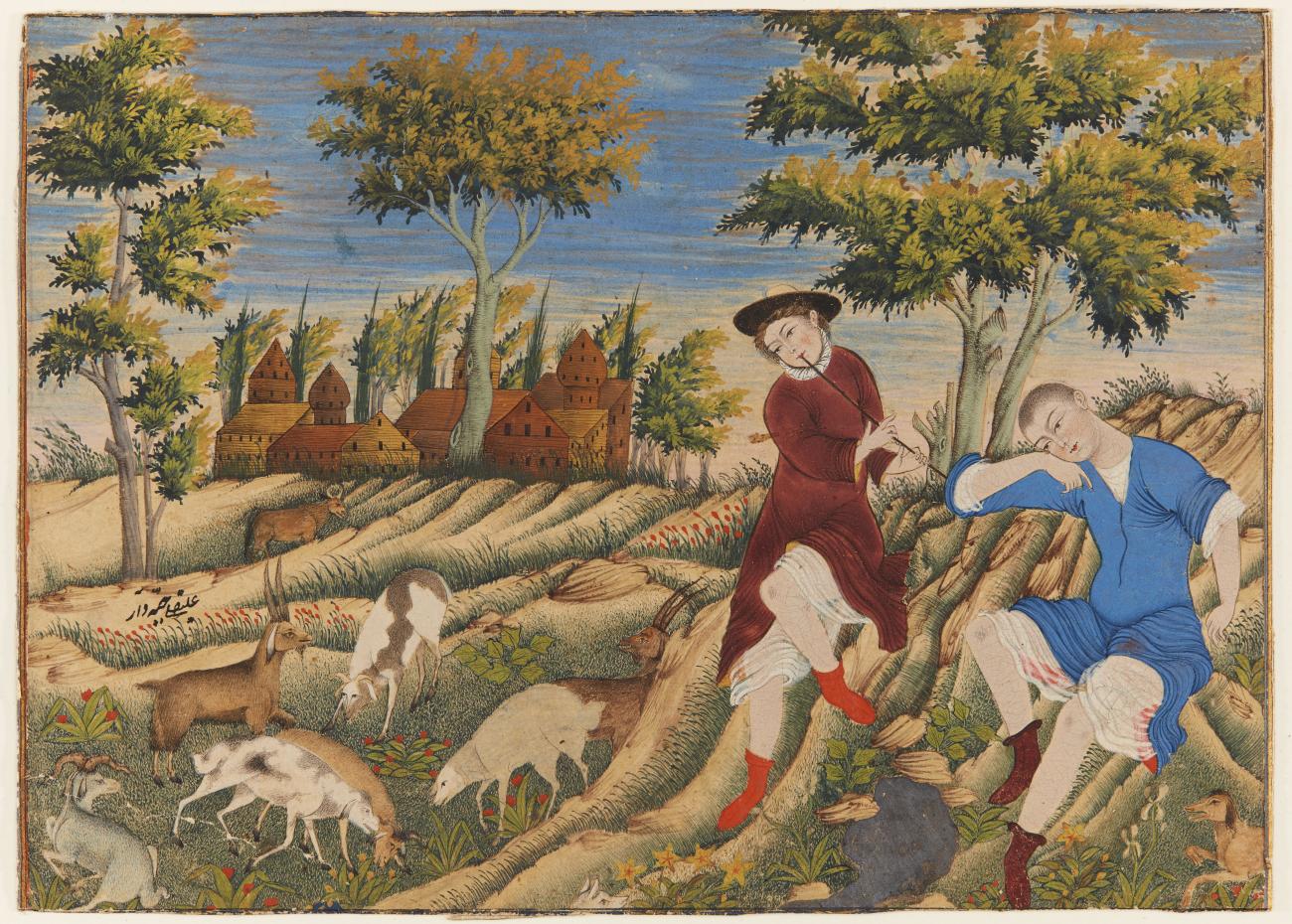 An image of the painting Two Shepherds in a Landscape by 'Ali Quli Jabbadar. The painting includes two shepherds in a bucolic landscape with sheep and goats. One shepherd plays a lute.
