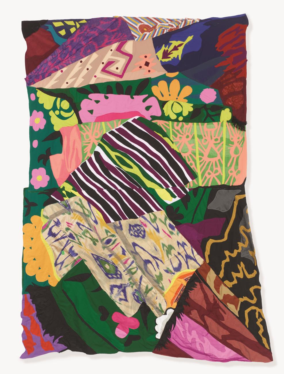 An image of the textile work Distance Between Homes by Hangama Amiri. The work contains various colourful textiles