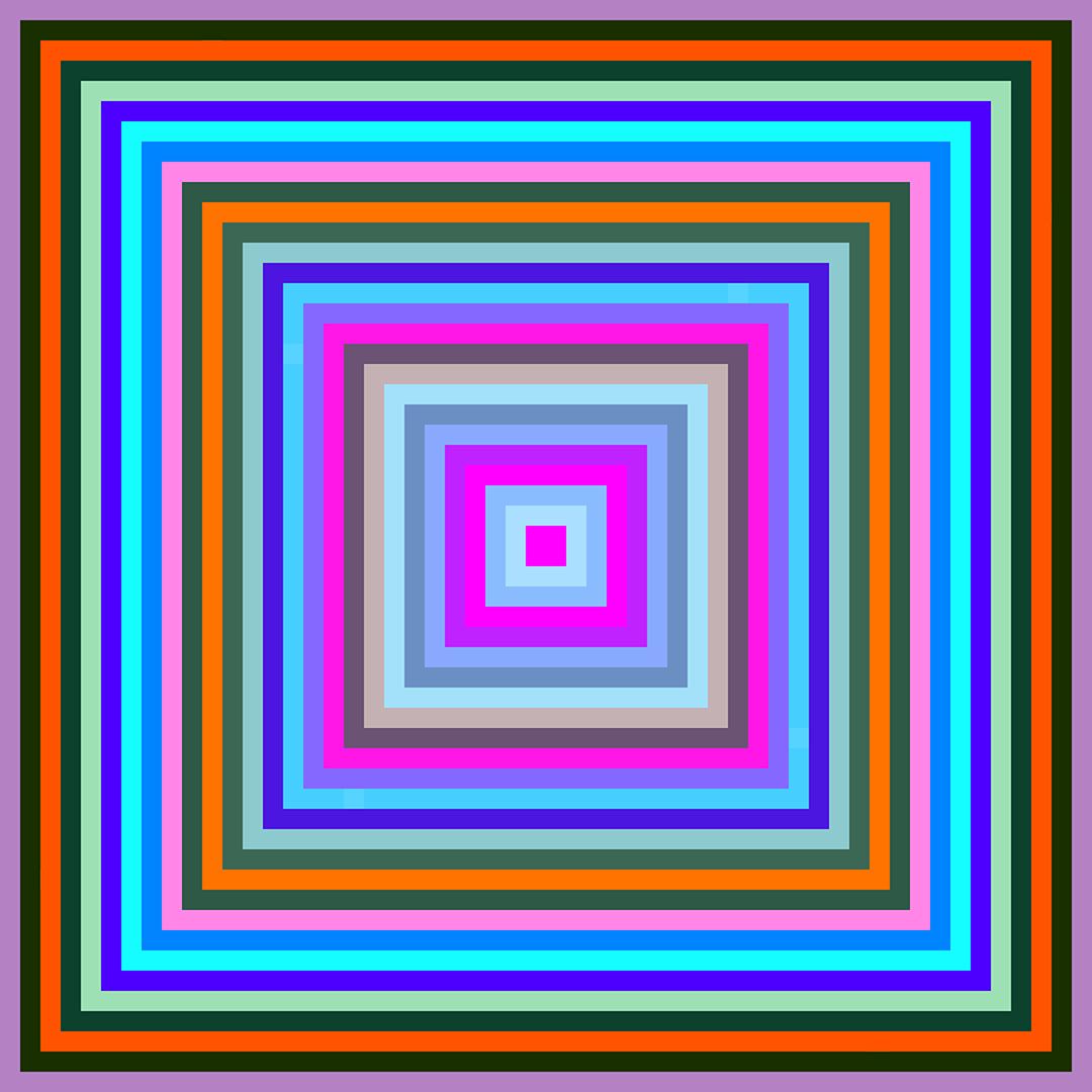 An image of Ecstasy Wave by Peter Owusu-Ansah, which features geometric squares in sequence with different shades of orange, pink, blue, and green