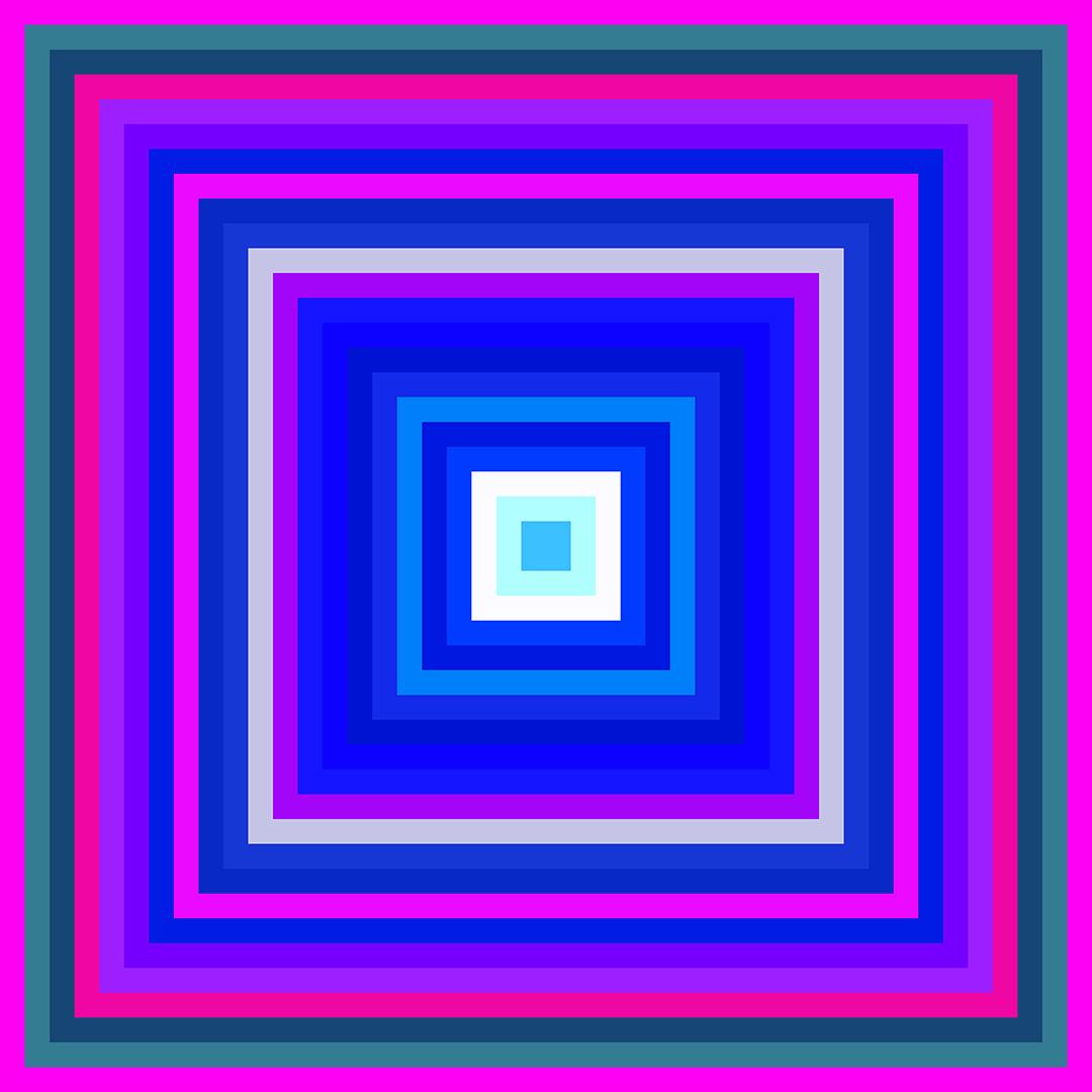 An image of Peter Owusu-Ansah's work White Bulb, which features geometric squares of neon shades of blue, pink, and purple