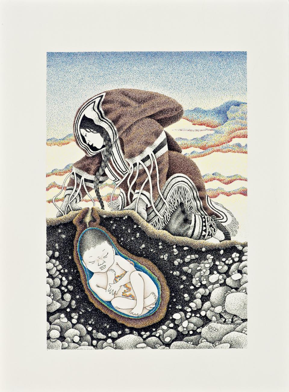 An image of a painting of a woman tending to the ground. A cross-cut of the ground shows a baby in amniotic sac under the ground the woman is tending to