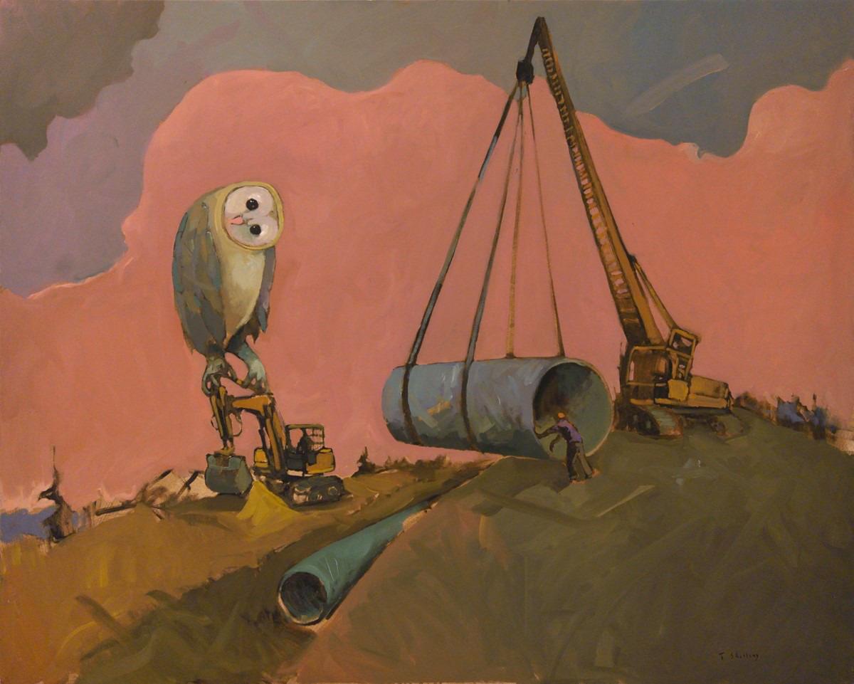 An image of the painting Owl by Travis Shilling. It features an owl perched on a crane in the construction site of a pipeline