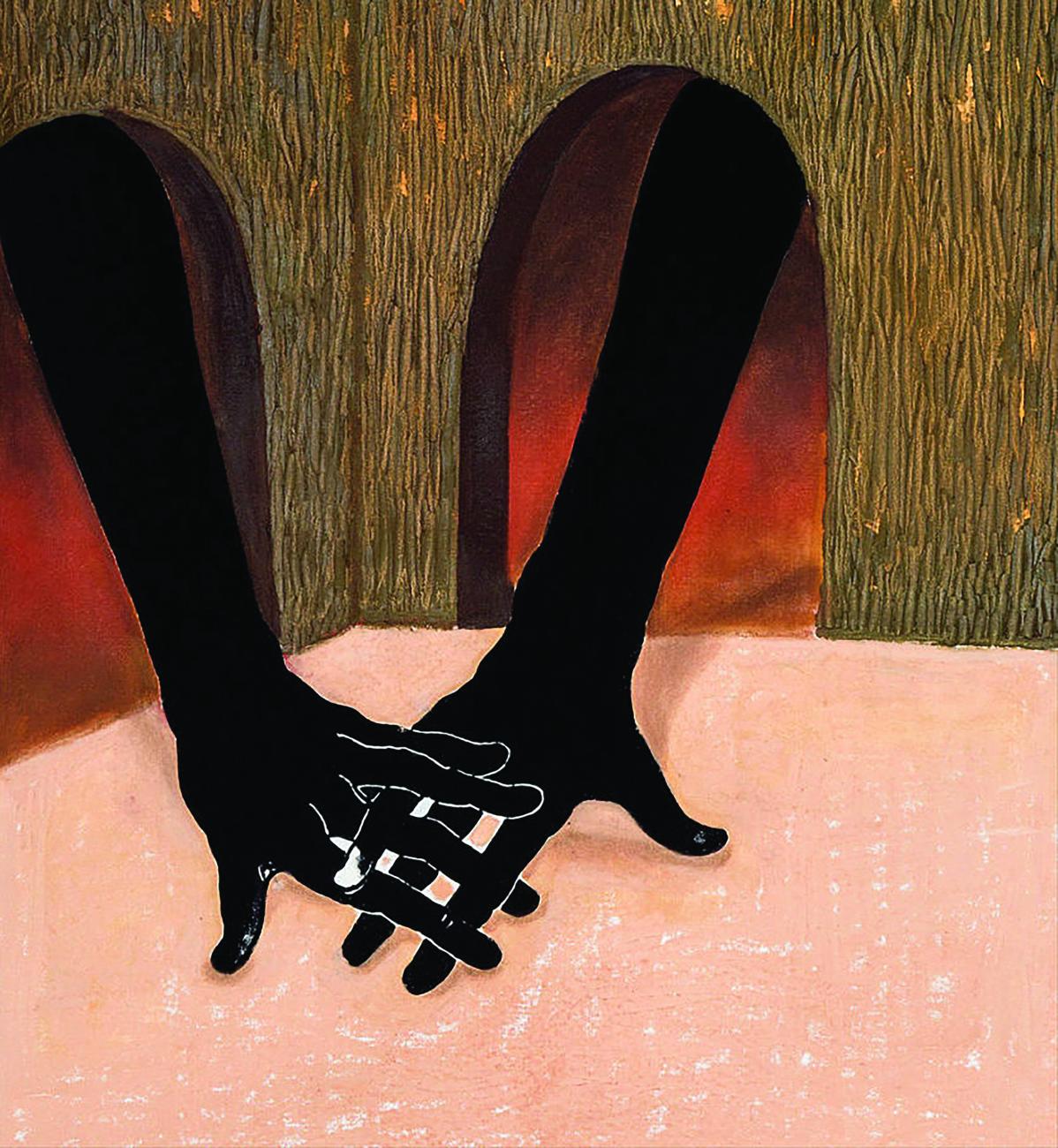 An painting of two black hands emerging form adjacent arches. The two hands intertwine their fingers