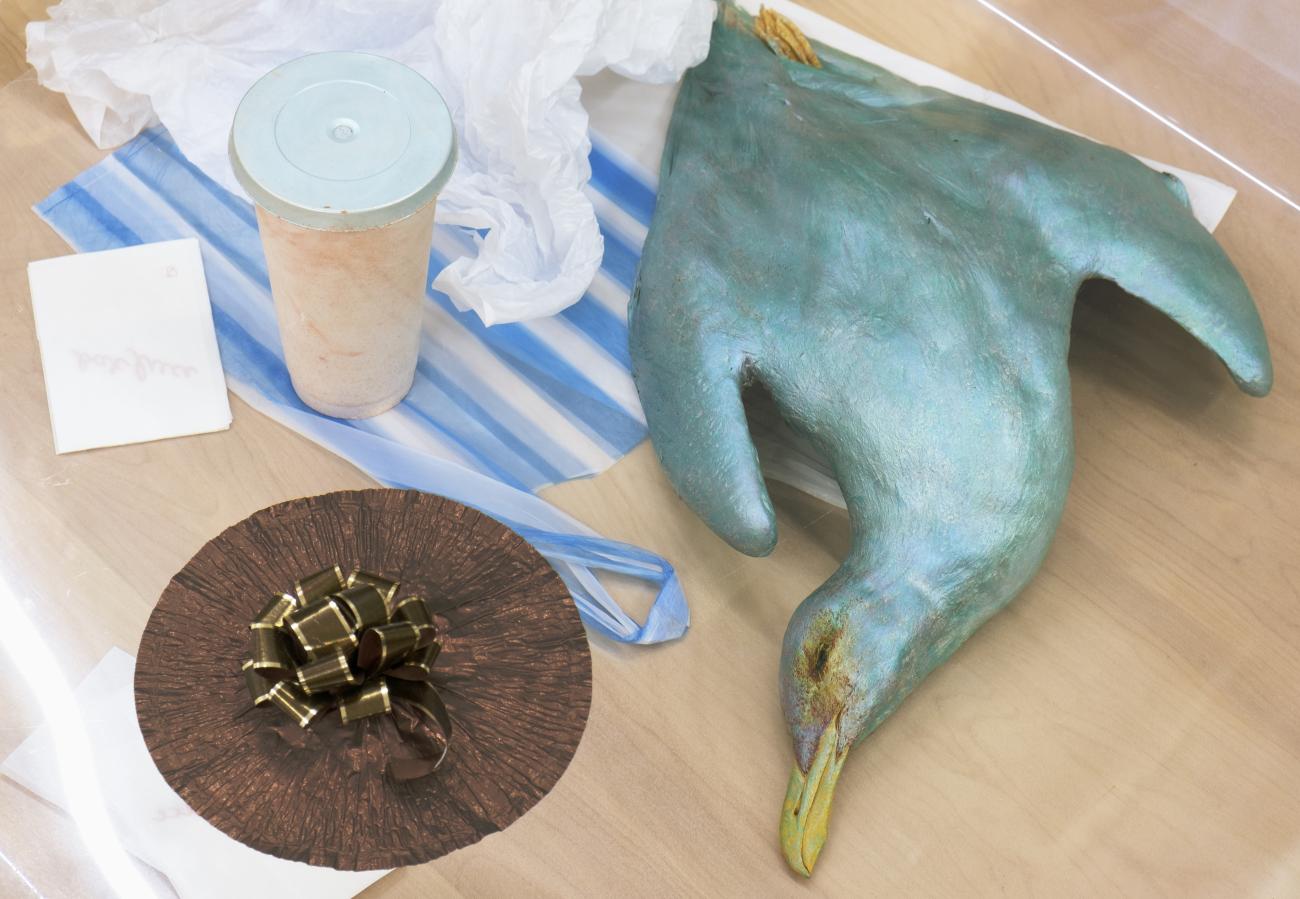 A close up of Liz Magor's sculpture The Stream, which features a bird, a cup, and a gift ribbon enclosed in a clear box
