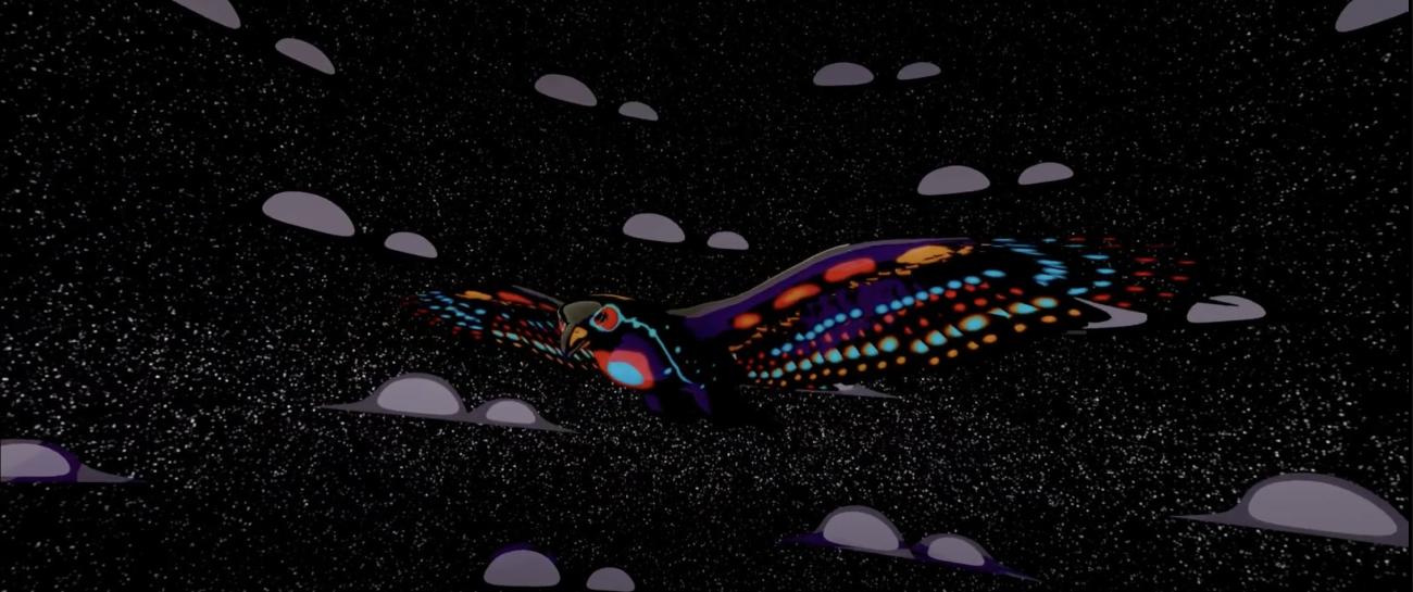 An image of an AR bird flying through the stars. The bird's body is black , highlighted with multicoloured spots