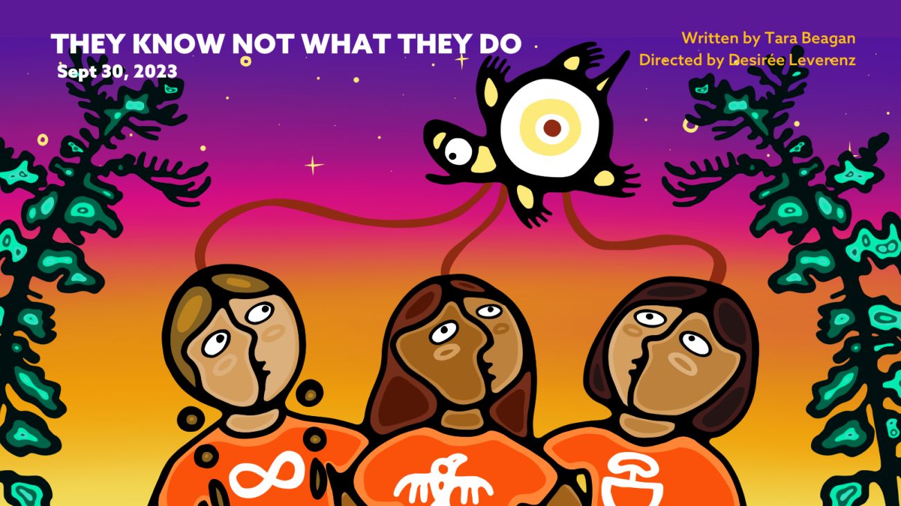 The cover art for Native Earth Performing Arts' audio play They Know Not What They Do. It feature three children in orange shirts surrounded by two trees under the night sky.