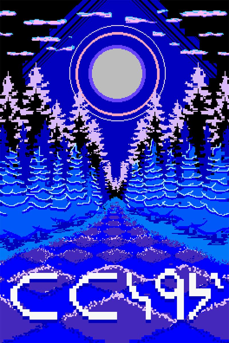 One panel of a AR Triptych created by Dallas Flett-Wapash. It shows a blue and black rendering of a forest with a blue/grey circle in the middle radiating blue and black light.