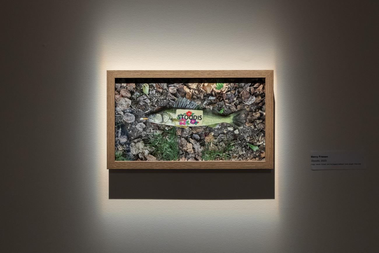 A photograph of a fish on the ground with a cigarette in its mouth. On top of the fish lies a beaded patch that has flowers and says Stoodis