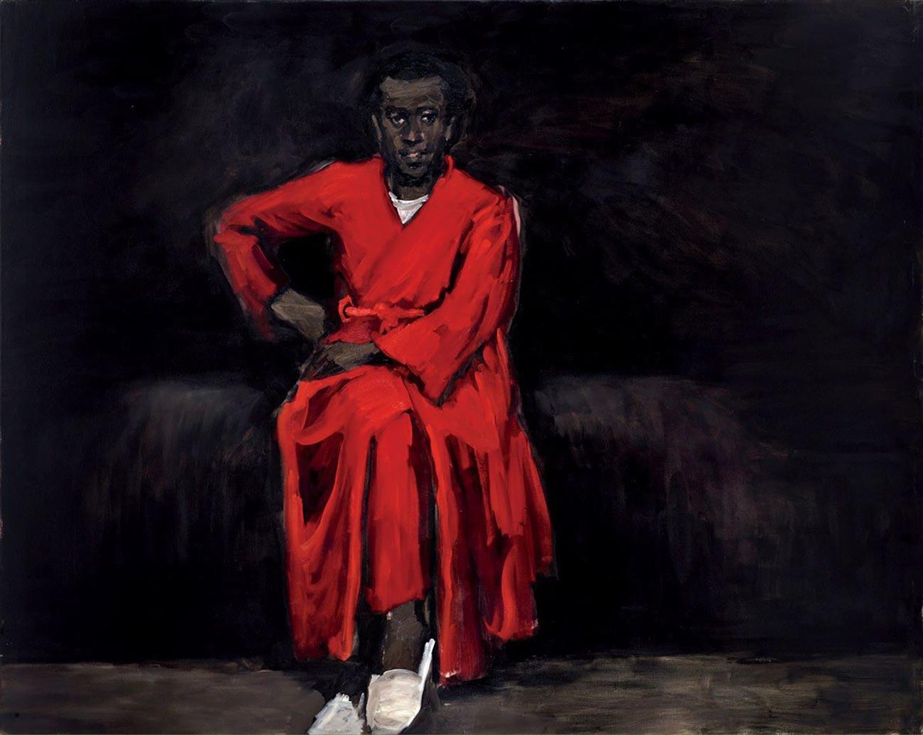 A painting of a Black woman in a red robe and white slippers, sitting
