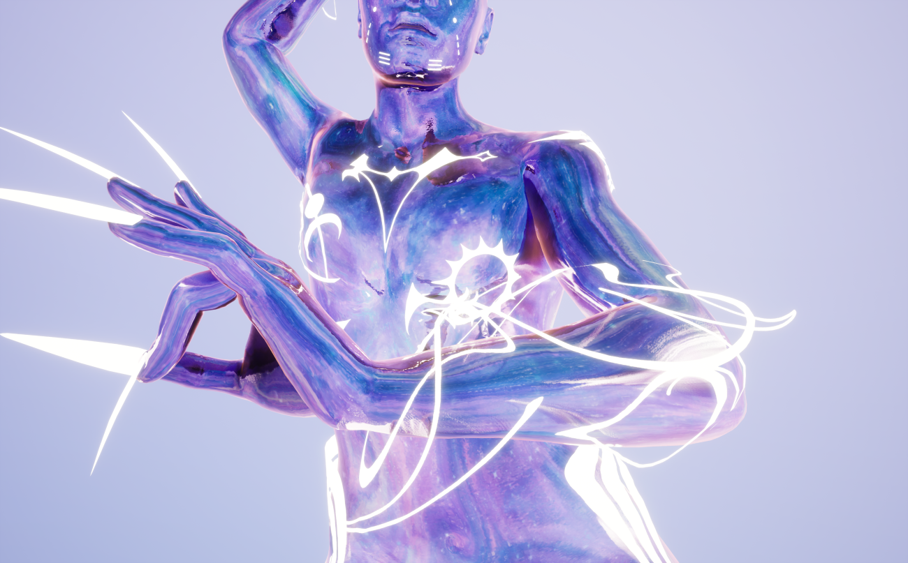 An image of a purple human with white markings and lines flowing around them
