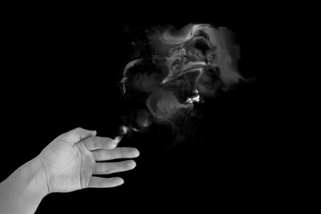 Photo montage - black and white of hand and faces