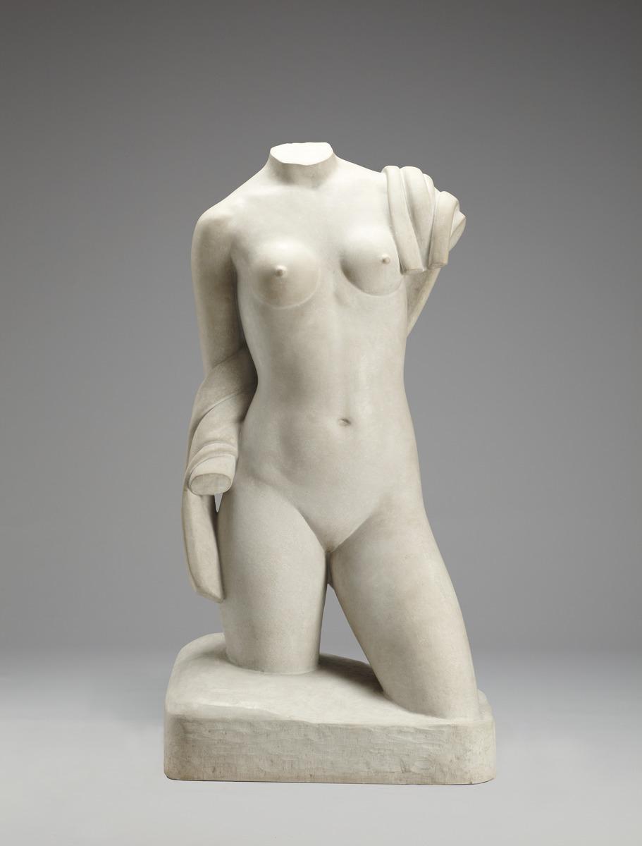 An image of Florence Wyle's Draped Torso, a sculpture of a women's torso with a draped cloth over the figure's shoulder that snakes around its opposite arm
