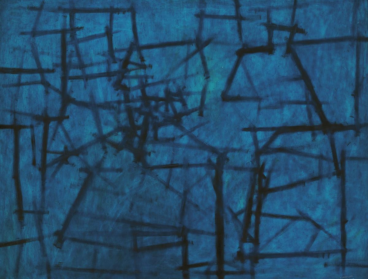 Dark blue painting with black lines forming grid-like pattern all over