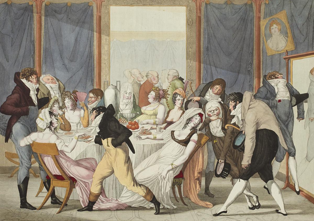 Satirical drawing of aristocrats at tea