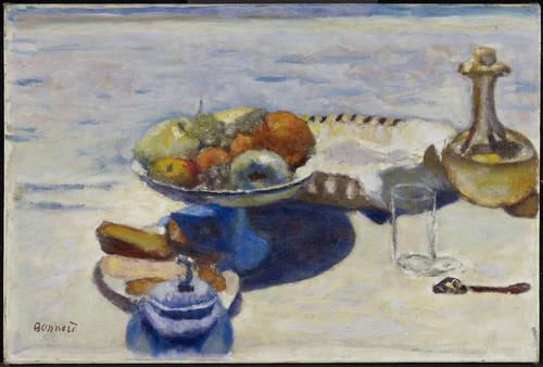 oil on canvas of coffee pot and fruits