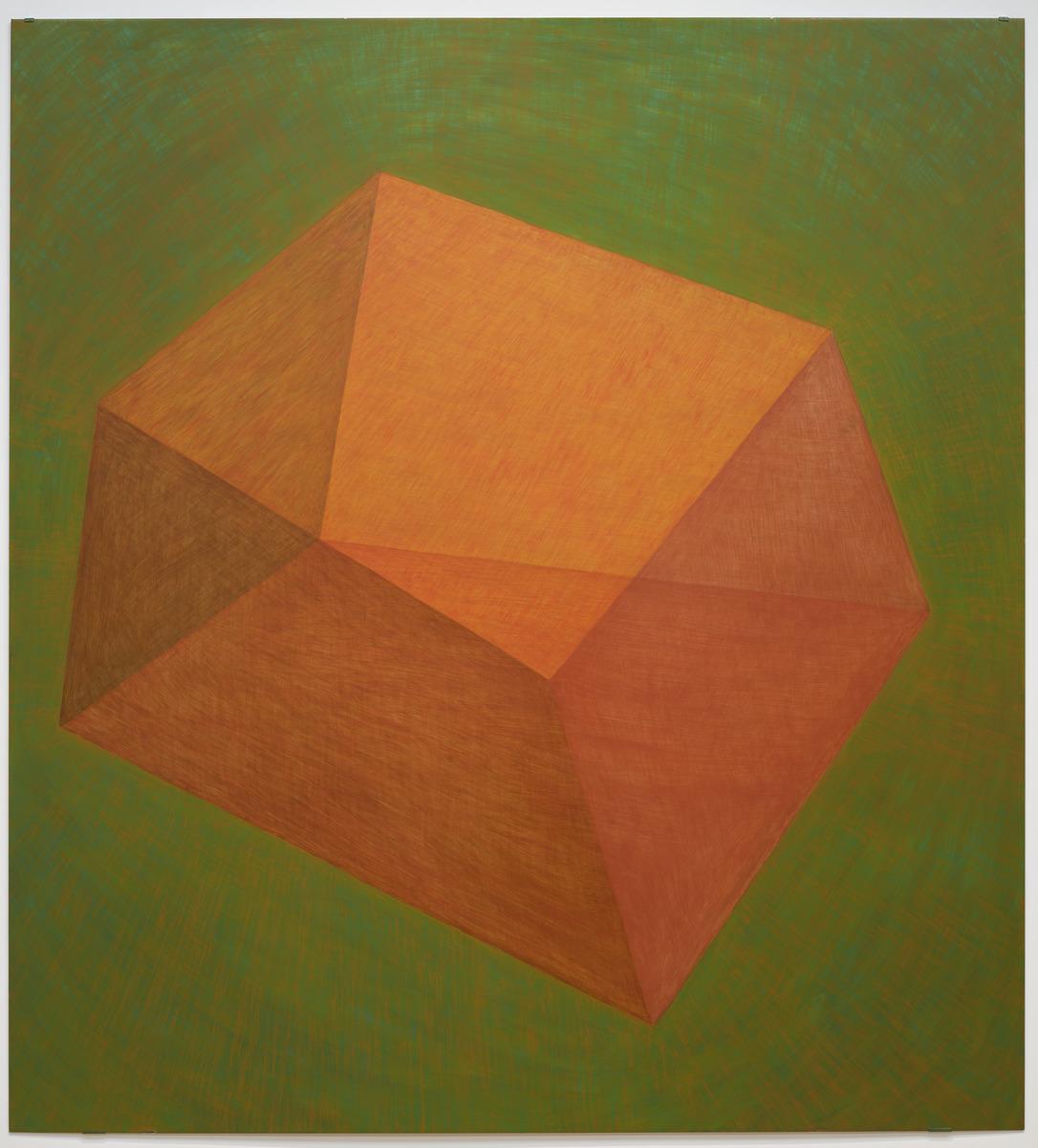 An image of Jinny Yu's Inextricably Ours. IT features an orange cube on a green background