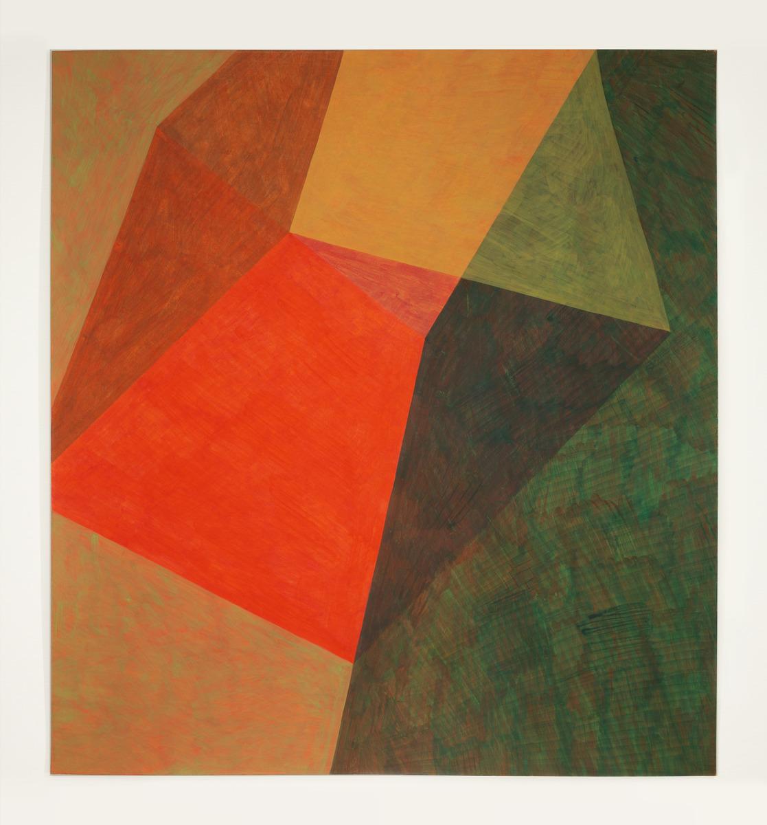 An image of Jinny Yu's Inextricably Ours G23-02. It features geometric shapes in various shades of green and orange