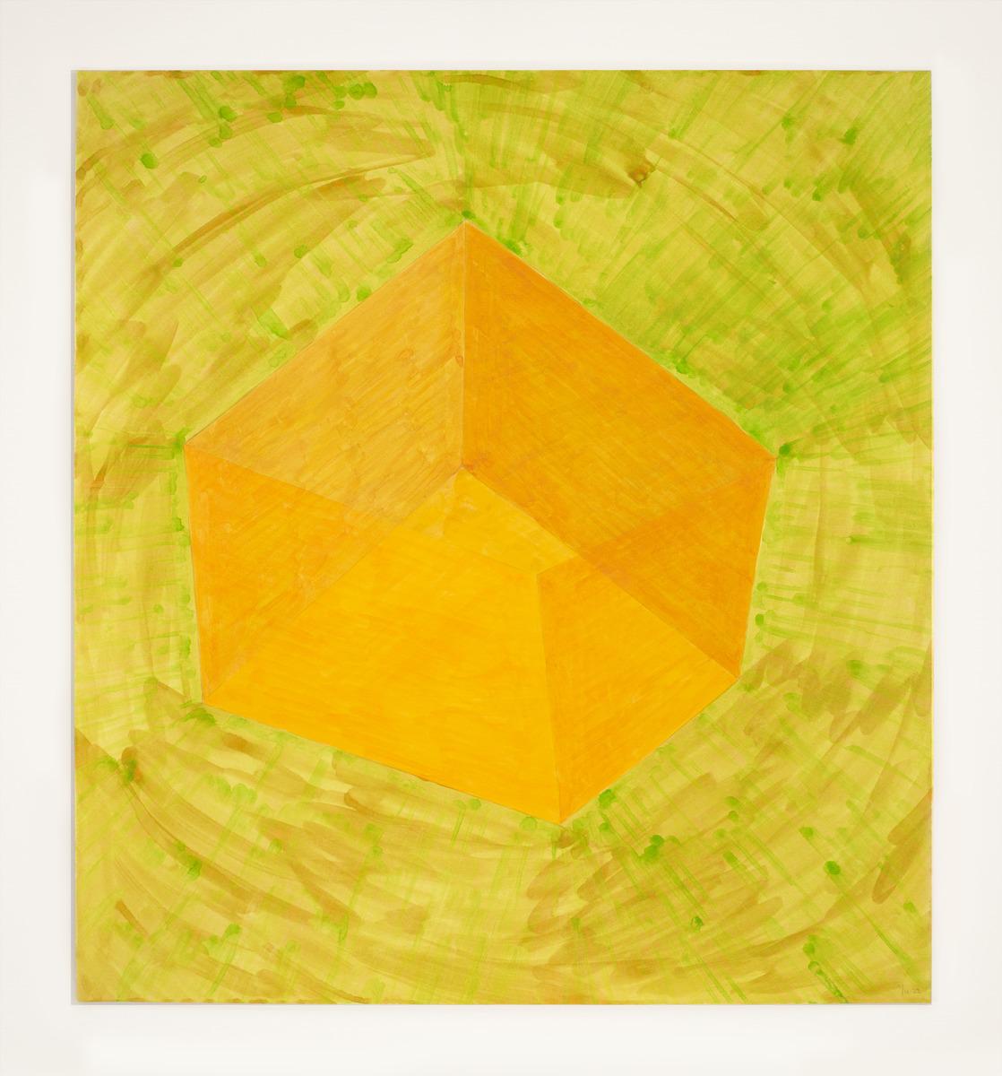 An image of Jinny Yu's Inextricably Ours W22-05, which features a yellow cuboid on a lighter yellow background
