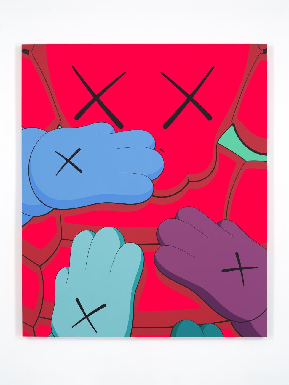 An image of KAWS's paining URGE, which features a pink CHUM with multicolour hands covering him