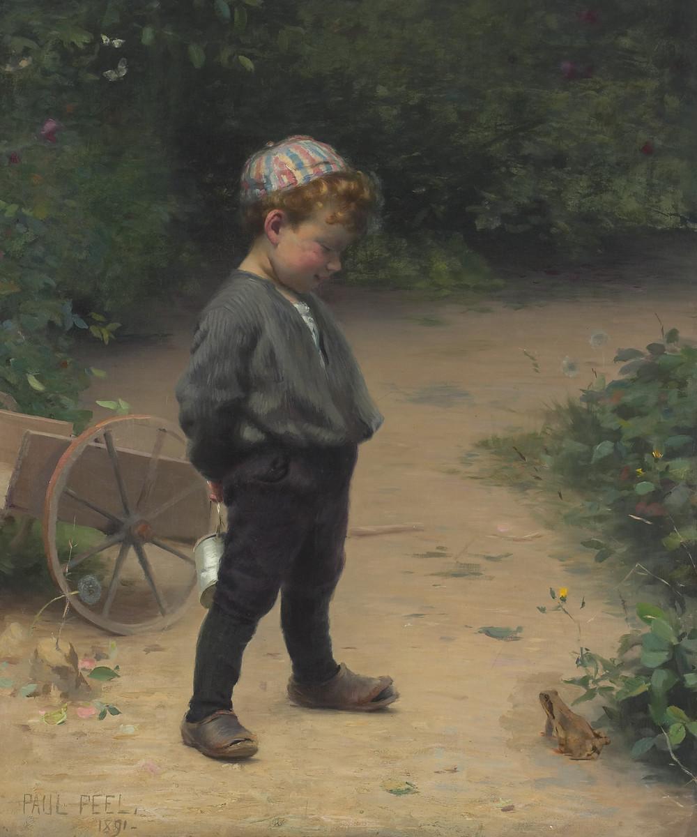Oil painting in muted tones of a little boy looking at a brown toad