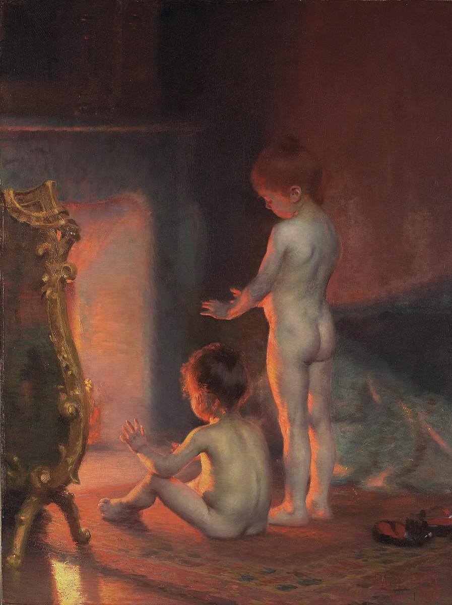 Oil on canvas of two children in front of the fire